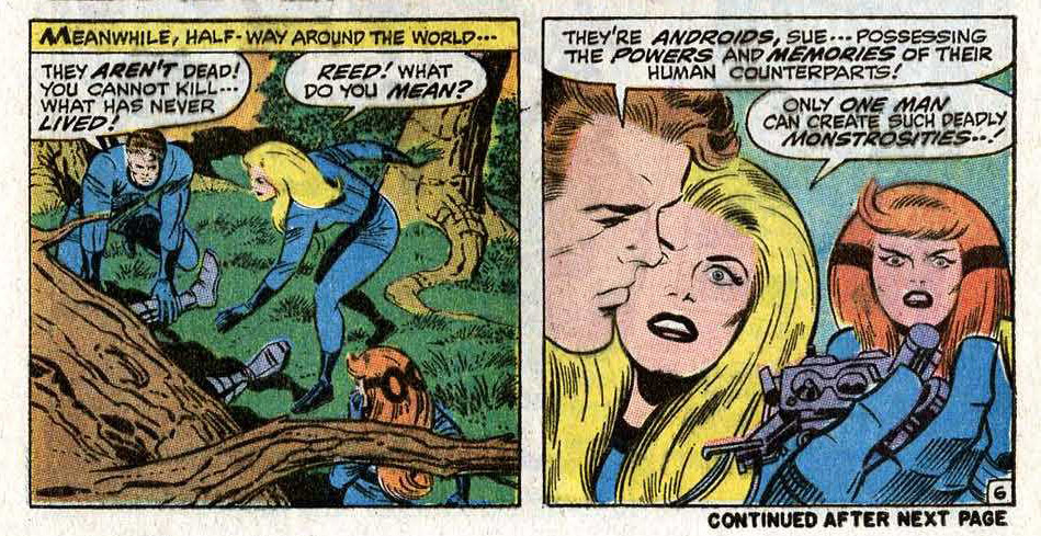 Panels from Fantastic Four #100 (July 1970). Reed erroneously states that only the Puppet Master is capable of making such androids, when he should’ve said it was the Thinker. Since they’d just done a Thinker story in FF #96, it’s an even sloppier mistake.