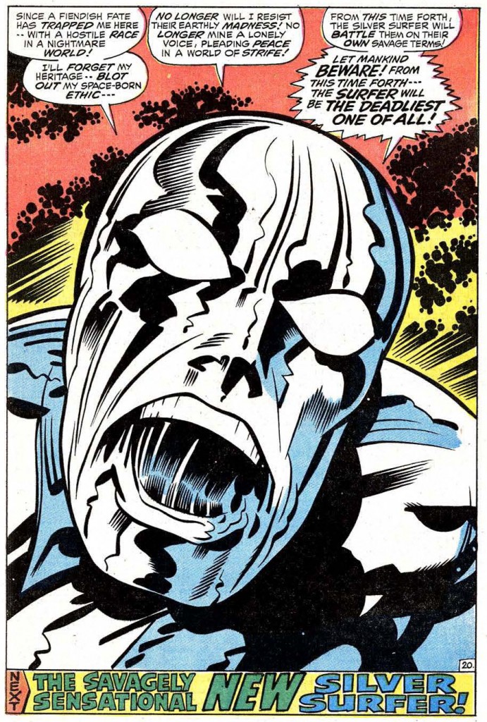 Final page from Silver Surfer #18, a book that must’ve been particularly galling for Jack to draw. Kirby was initially snubbed for the art chores on the book, and the series floundered for seventeen issues. Then Stan Lee called in Kirby to try to course-correct the book for inker Herb Trimpe to take over with #19, but the series was cancelled with this issue.
