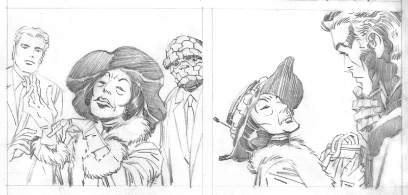 Two pencil panels with Kirby's original Agatha Harkness design.