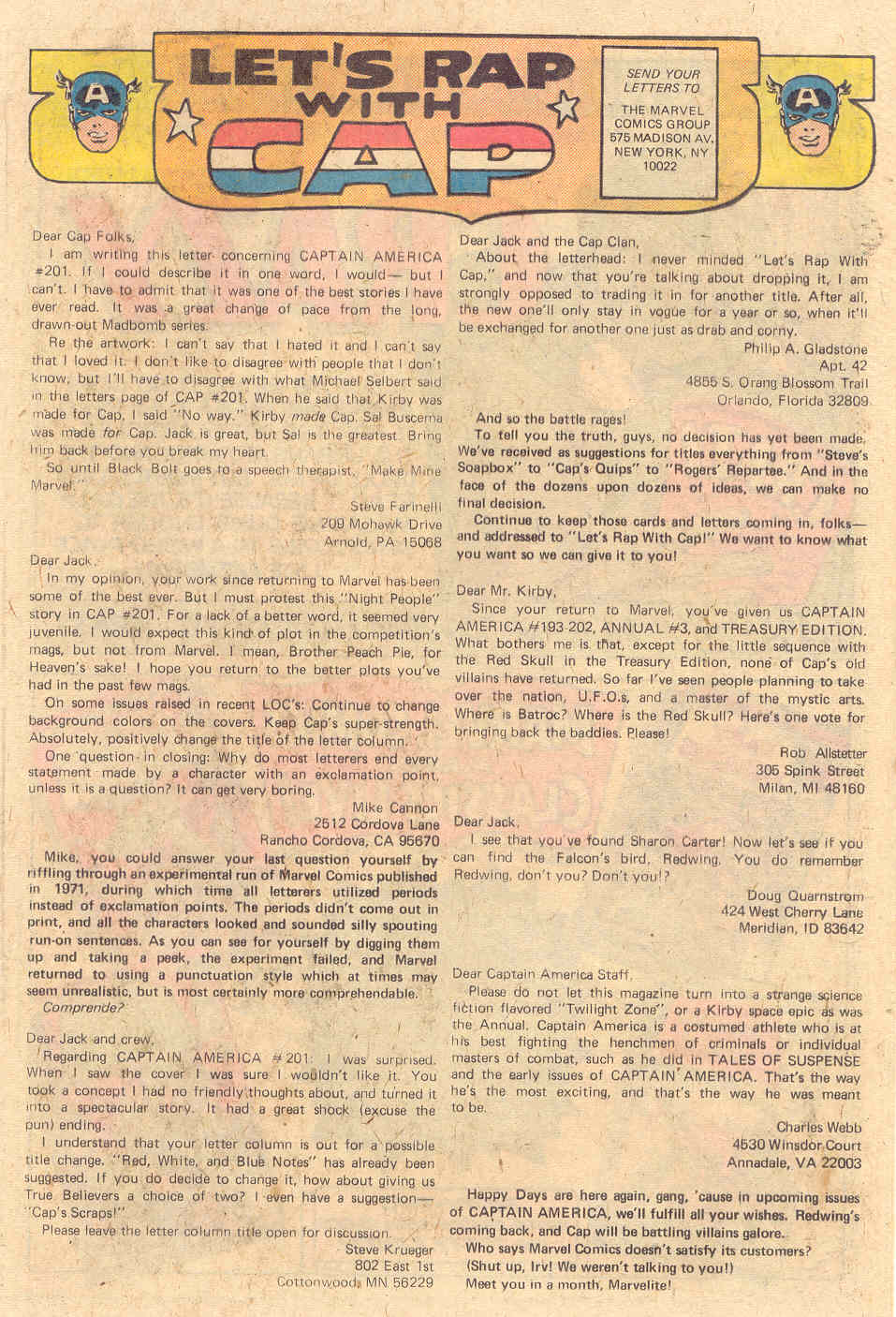 70s Kirby Captain America 205 Letters Page Kirby Dynamics
