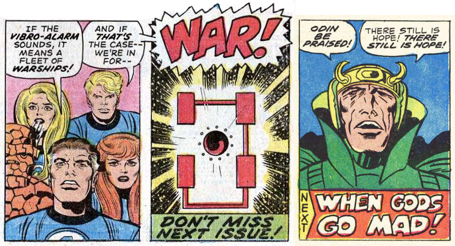 Final panels from Jack’s last issues of Fantastic Four (#102, Sept. 1970) and Thor (#179, August 1970), showing messages of war and hope.